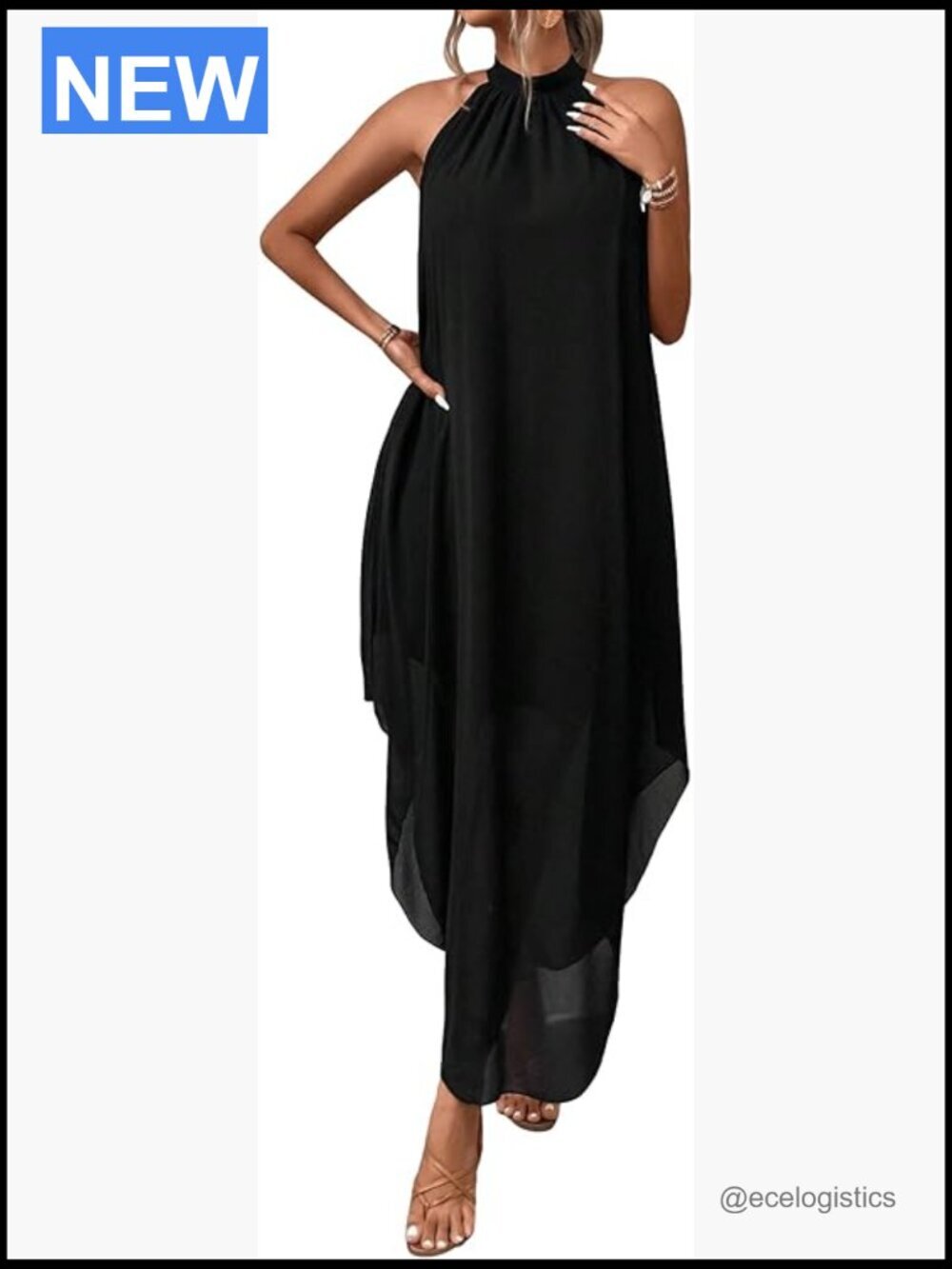 Halter Flowy Chiffon Asymmetrical Maxi Dress Wedding Guest Prom
